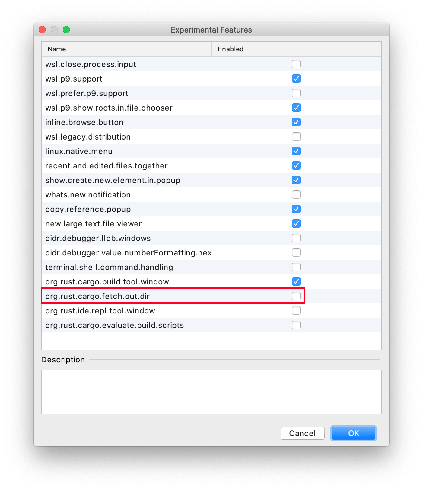 Experimental Features Dialog highlighting “org.rust.cargo.fetch.out.dir”